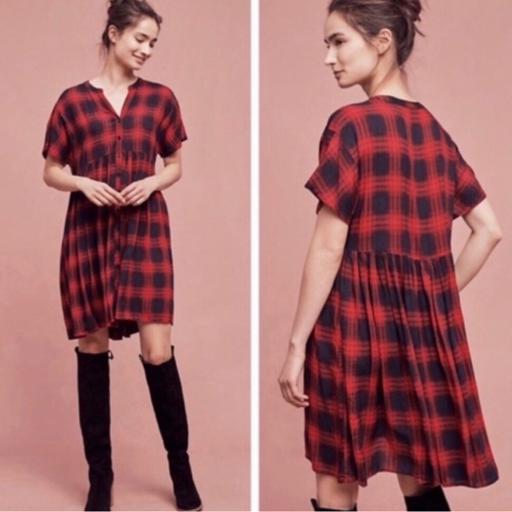 Anthropologie Tylho Red and Black Plaid Button-Down Dress
